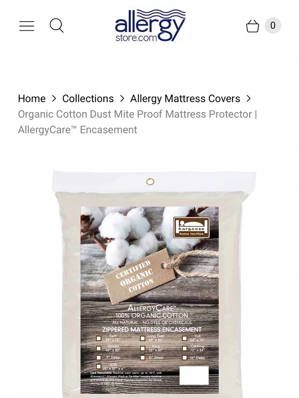 ALLERGY CARE 100% ORGANIC COTTON ZIPPERED MATTRESS ENCASEMENT QUEEN